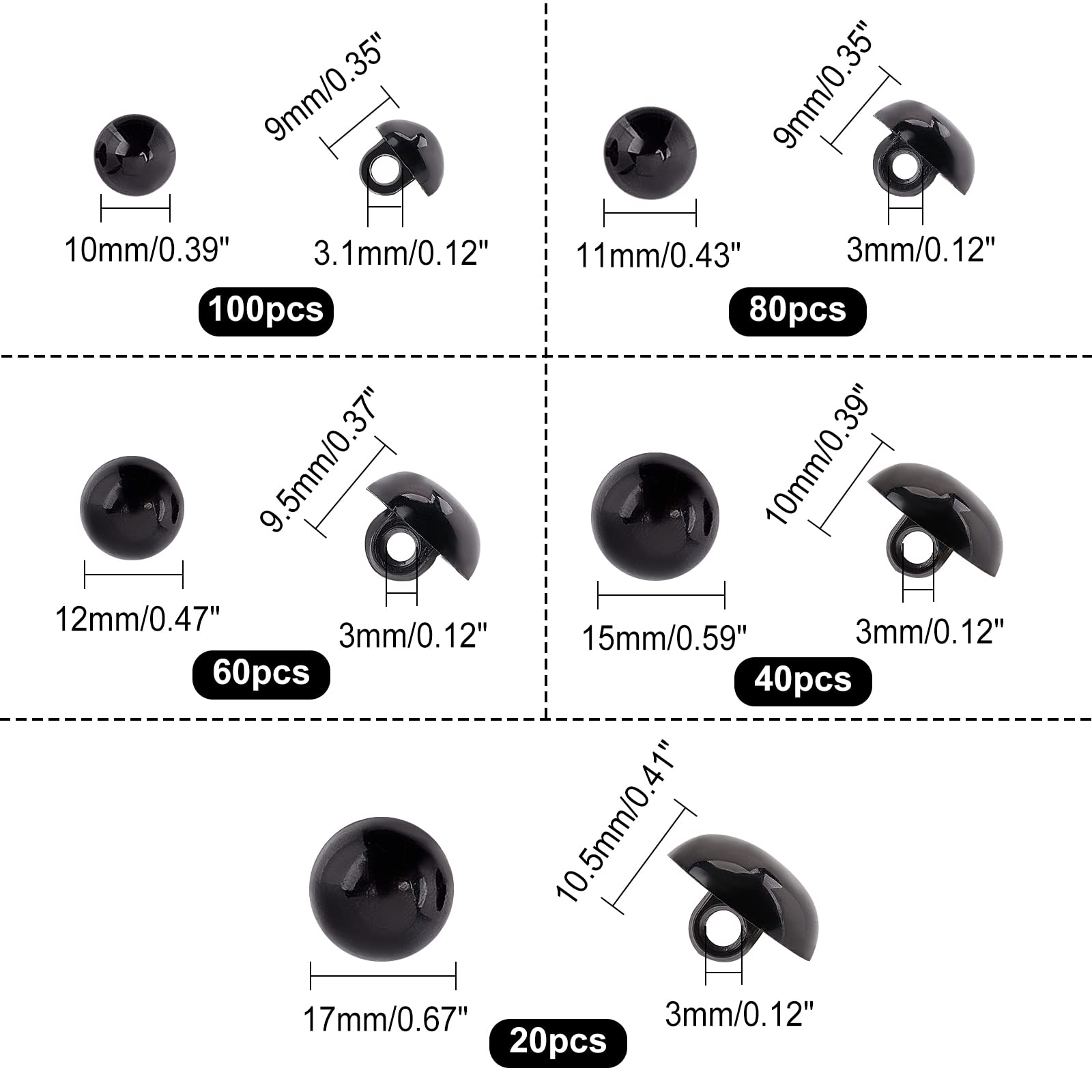 Amazon | PH PandaHall 目玉ボタン 5サイズ ブラックボタン 300個